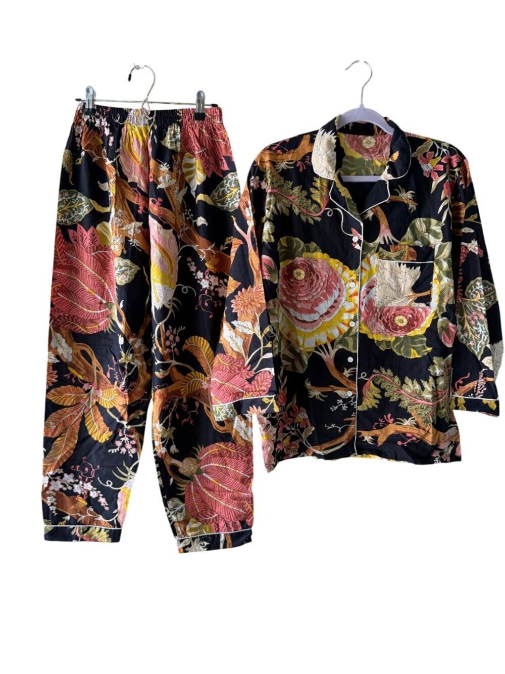 Handmade Womens Floral Printed Two-piece Pajama Set Size Small Black Cotton Boho